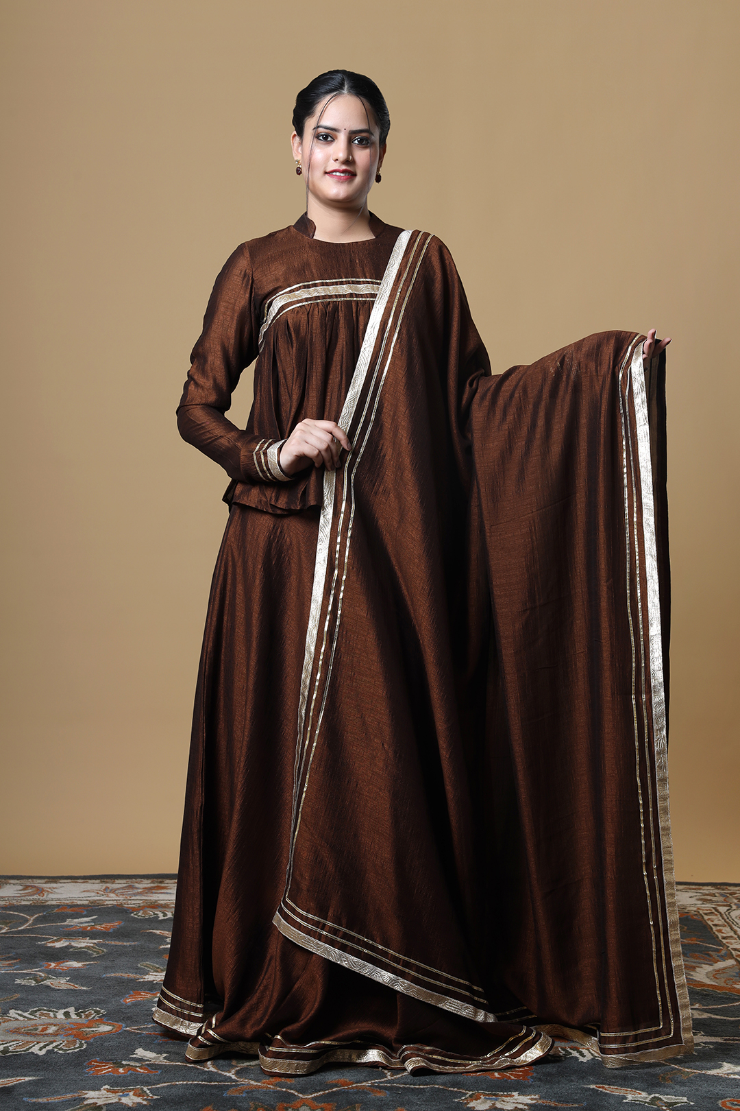 Vglame Brown V Silk Kurta Set with gota work
